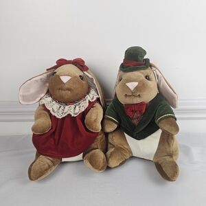1985 Toys R Us Rabbit Ears Velveteen Boy & Girl Bunny Holiday Plush Set 15" VTG